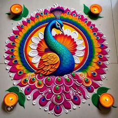 colorful peacock with candles on the floor