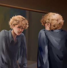 a painting of two people looking at their reflection in a mirror, one man is wearing a blue shirt and the other has blonde hair