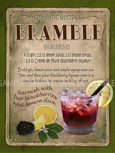 an advertisement for a drink called brambie with lemons, blackberry and blackberries