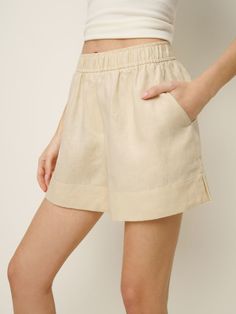 In case of weekends. Shop the Charlotte Linen Short from Reformation, a high rise pull on short with an elasticated waist and side pockets. Chic Relaxed Fit Bermuda Shorts With Elastic Waistband, Chic Bermuda Shorts With Elastic Waistband And Relaxed Fit, Chic Beige Bermuda Shorts With Pockets, Chic Bermuda Shorts With Elastic Waistband For Day Out, Versatile Beige Shorts, Casual Workwear Shorts With Elastic Waistband, Casual High Waist Bermuda Shorts With Elastic Waistband, Casual High-waisted Shorts With Elastic Waistband For Weekends, Chic Everyday Shorts With Pockets