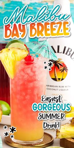 an advertisement for a tropical drink with pineapples and watermelon in the background