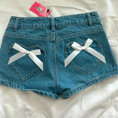 Denim Jean Shorts Pink Ribbon Bow Bow Clothes, Birthday Items, Mini Bow, Bow Shorts, Denim Jean Shorts, Mini Bows, Blue Bow, Ribbon Bow, Denim Jean