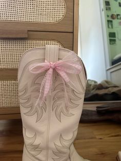 Ribbon On Cowgirl Boots, Ribbon On Cowboy Boot, Pink And White Cowboy Boots, Ribbon Cowboy Boots, Coquette Cowboy Boots, Cowgirl Boots With Ribbon, Bows On Boots, Cowboy Boots With Ribbon, Ribbon On Boots