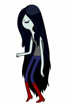 an animated girl with long black hair and red boots, standing in front of white background