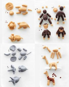 four pictures of different types of toys made out of clay and plastic materials, including monkeys, giraffes, elephants, and more