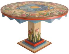 an artisticly painted wooden table with flowers and butterflies on it's top, against a white background