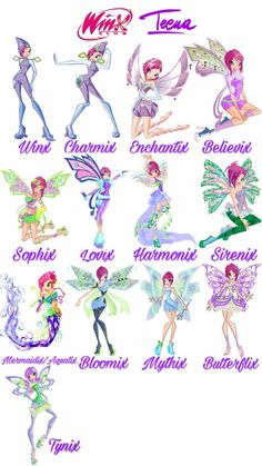 the many different types of tinkerbells are shown in this image, with their names