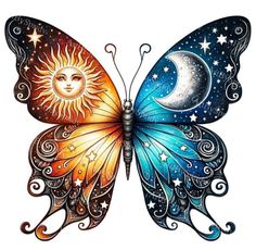 a colorful butterfly with the sun and moon on it's wings