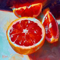 a painting of grapefruit cut in half