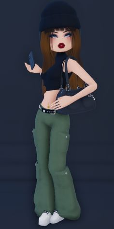 an animated woman in green pants and a black hat holding a cell phone with her right hand