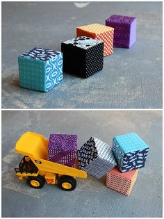 two pictures of different colored blocks and a toy truck on the ground next to each other