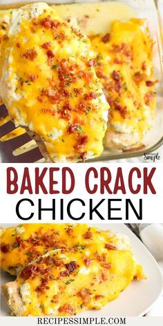 baked cracker chicken in a casserole dish with cheese and bacon on top