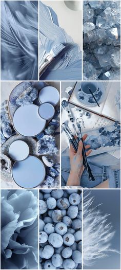 blue and white images are shown in this collage with the same color palettes