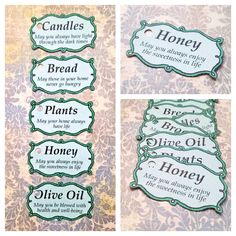 four different labels with the words honey, bread, plants and honey oil on them