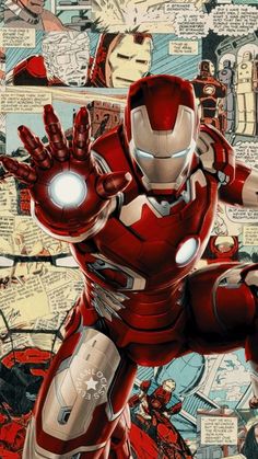 the iron man poster is shown in front of an image of comic character's artwork