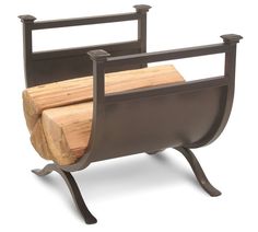 a wooden log holder with two logs in it's sides and an iron frame