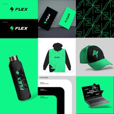 green and black branding design for flex fitness products, including an athletic cap, backpack, water bottle, laptop computer and other items