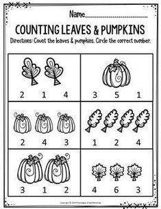 the worksheet for counting leaves and pumpkins is shown in black and white