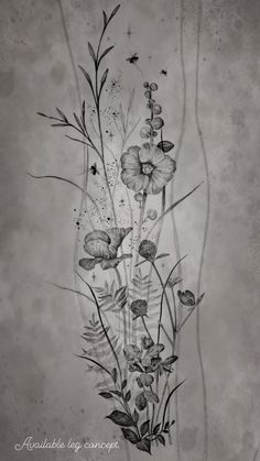 a drawing of flowers and grass on a gray background