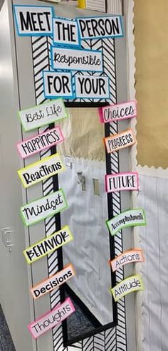 a bulletin board that has been decorated with different types of words and phrases on it