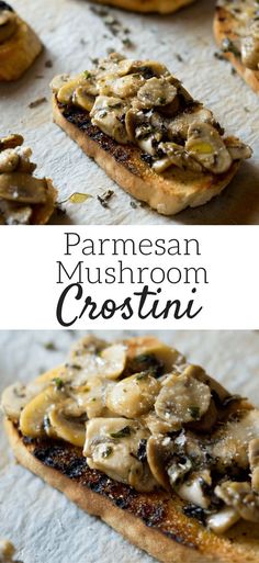 mushroom crostini with parmesan cheese on top and mushrooms on the bottom