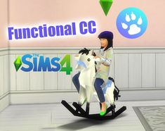 a woman riding on the back of a rocking horse in front of a sign that says functional cc