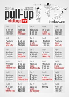 the 30 day pull - up challenge poster is shown in red and white, with instructions for