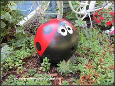 a ladybug helmet sitting on the ground next to some plants and flowers with eyes drawn on it