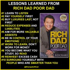 a poster with the words rich dad poor dad written on it and an image of a man