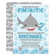 a birthday party card with a shark on it