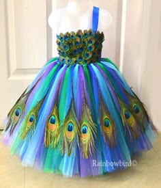 a dress made out of tulle with peacock feathers