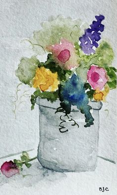 a watercolor painting of flowers in a pot on a table with the words watercolor note card and be