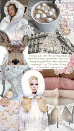 the collage shows a woman in white clothing and a deer wearing a fur hat