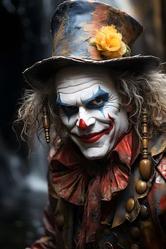 Clown picture. The essence of the rogue is brought to life in a portrait of a clown with his distinctive top hat. His face, adorned with a mischievous grin, is a kaleidoscope of emotions that blurs the lines between joy and secrecy. The top hat sits proudly on his head as a symbol of his art and personality. It is more than just an accessory; it is an extension of his identity, a symbol of the enchantment and magic he brings to the world. The grin that graces his lips is like a window to a hidde Clown Portrait, Creepy Clown Makeup, Evil Clown Tattoos, Horror Face, Clown Show, Creepy Clowns, Clown Tattoo, Send In The Clowns, Clowning Around