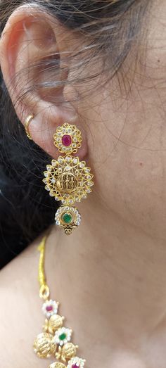 22 Karat Gold 'Ram Parivar' Long Necklace & Drop Earrings Set With Cz & Color Stones - Bottumala (Temple Jewellery) - 235-GS3839 - in 76.750 Grams for USD $7,209.12 USD. 
Made in India by Totaram Jewelers Online this product is in Gold - 22 Karat BIS Hallmark 916 Gold  & is an excellent gift for Adult - Women. Ships fully insured with secured guaranteed delivery for free with your order over $250 from New Jersey USA & comes with 30 days exchange policy. 22k Gold Hand Set Jhumkas As Gift, Gift 22k Gold Hand Set Jhumkas, Traditional Chandbalis For Anniversary And Festivals, Gold Tilla Jhumkas For Anniversary, Traditional Dual-tone Gold Chandbalis, Traditional Chandbalis For Anniversary And Festive Occasions, Traditional Festive Chandbalis For Anniversary, Hand Set 22k Gold Chandbalis As Gift, 22k Gold Hand Set Chandbalis As Gift