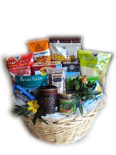 a basket filled with lots of food and snacks