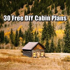 an old cabin in the middle of a field with trees and mountains behind it text reads 30 free diy cabin plans