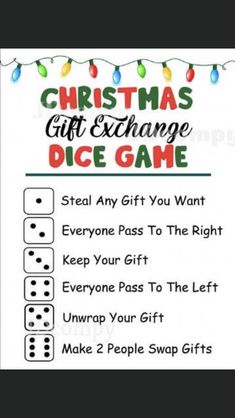 the christmas gift exchange dice game is on display in front of a white background with lights