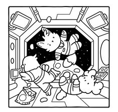 a black and white drawing of two cats in a space station