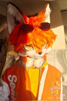 an orange and white cat wearing sunglasses on its head