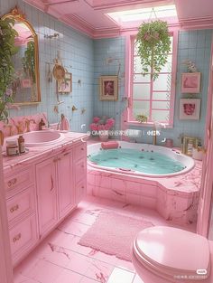 a bathroom with pink walls and flooring in the bathtub is decorated in pastel colors