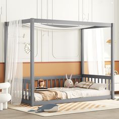 Twin Size Canopy Frame Floor Bed with Fence, Guardrails Twin Floor Bed, Wood Canopy Bed, Canopy Bed Frame, Wood Canopy, Wooden Canopy, Canopy Frame, Bed Wood, Frame Structure, Floor Bed