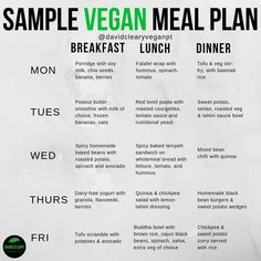 the sample vegan meal plan is shown in black and white, with green lettering