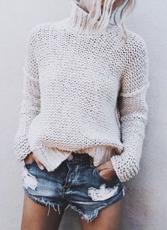 pinterest: @bellafurner insta: bellafurner Denim Shorts Outfit, Looks Jeans, Vogue Knitting, High Neck Top, Garter Stitch, Looks Style, Early Morning, Street Styles