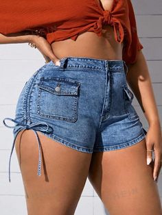 SHEIN SXY Women's Plus Size Drawstring Folded Hem Pockets Denim Shorts With Pleats | SHEIN USA Trendy Summer Jeans With Drawstring, Summer Blue Jeans With Drawstring, Denim Drawstring Shorts, Summer Drawstring Denim Jeans, High Waist Drawstring Denim Jeans, Summer Drawstring Denim Bottoms, High-waist Denim Jeans With Drawstring, High Waist Denim Jeans With Drawstring, High Waist Denim Bottoms With Drawstring