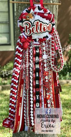 a red and white dress hanging on a tree in front of a house with the words believe