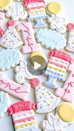 decorated cookies with the words happy birthday on them are arranged in various shapes and sizes