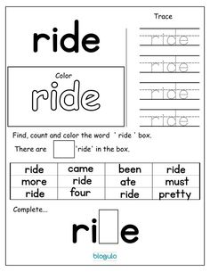 printable worksheet for kids to practice the word ride in their handwriting and writing skills