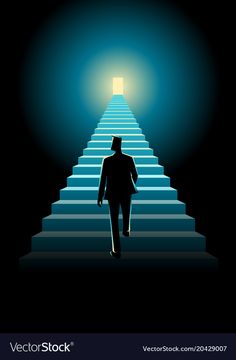 a man is walking up the stairs to an open door with light coming from it