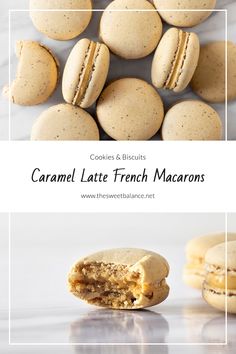 cookies and biscuits with the words caramel latte french macarons